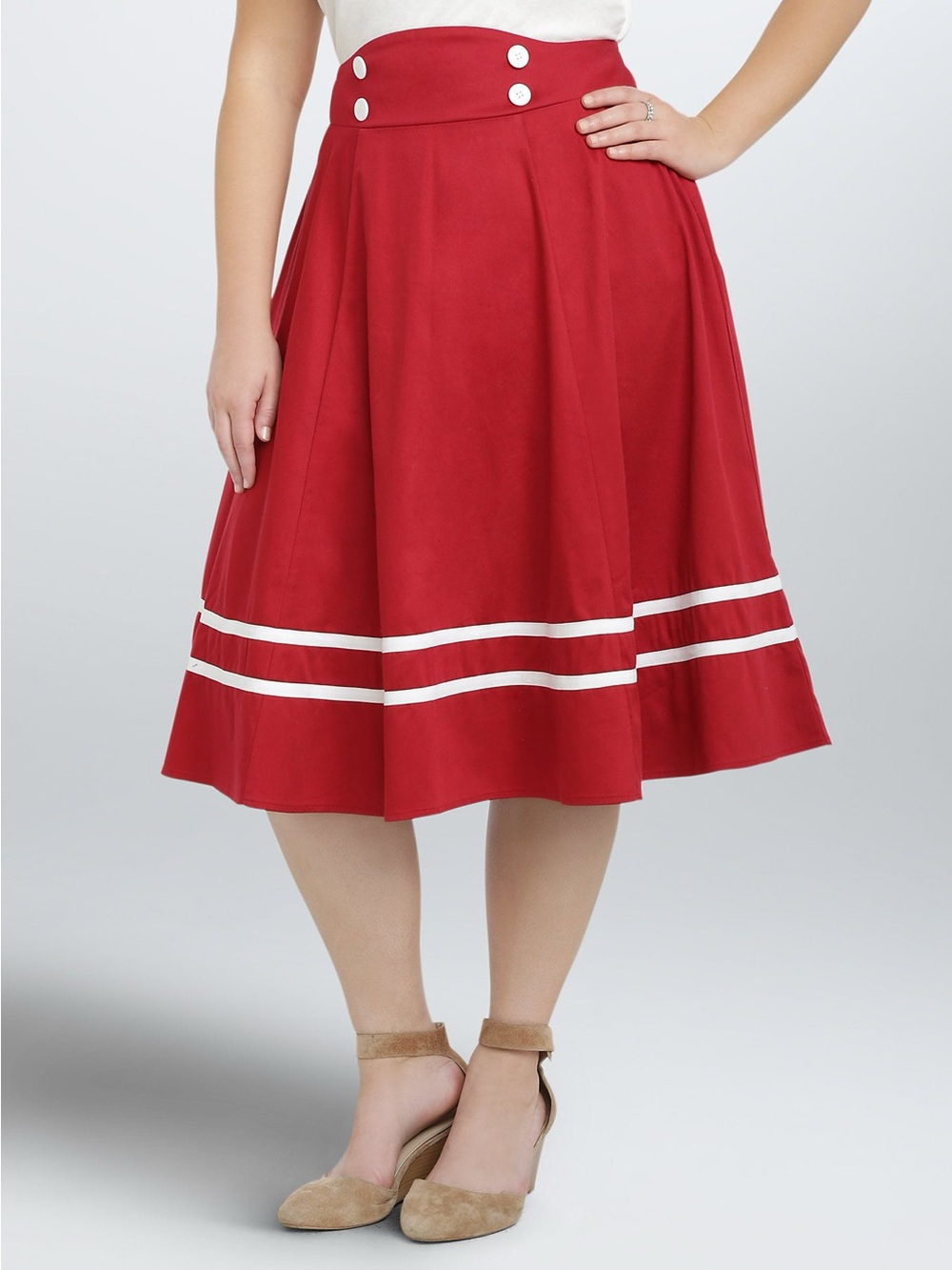 Torrid Nautical Red A-Line Midi Skirt with White Stripe Detail NWT